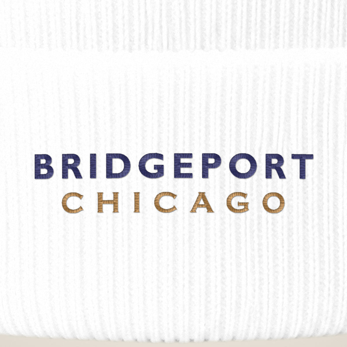 Bridgeport Chicago embroidery close-up in navy and old gold thread