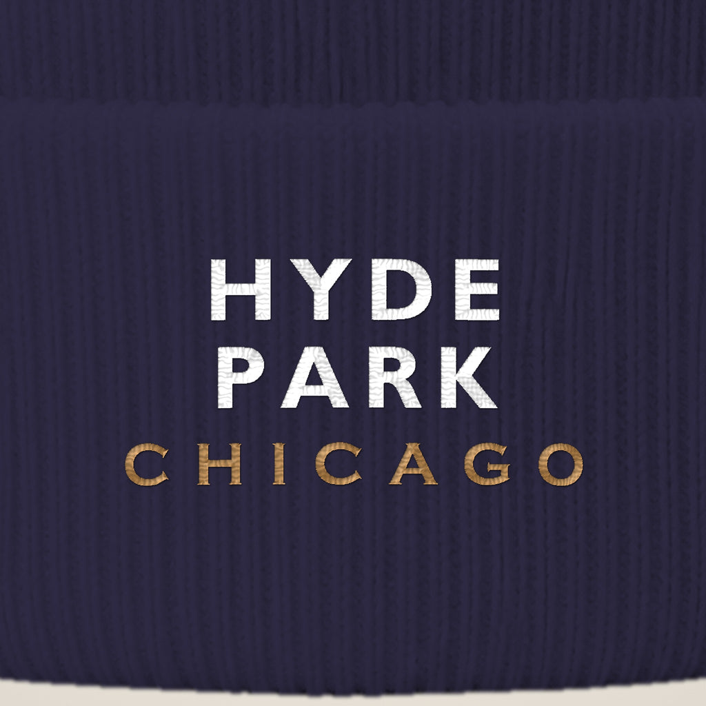 Hyde Park Chicago embroidery close-up in white and old gold thread