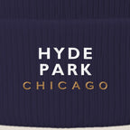 Hyde Park Chicago embroidery close-up in white and old gold thread