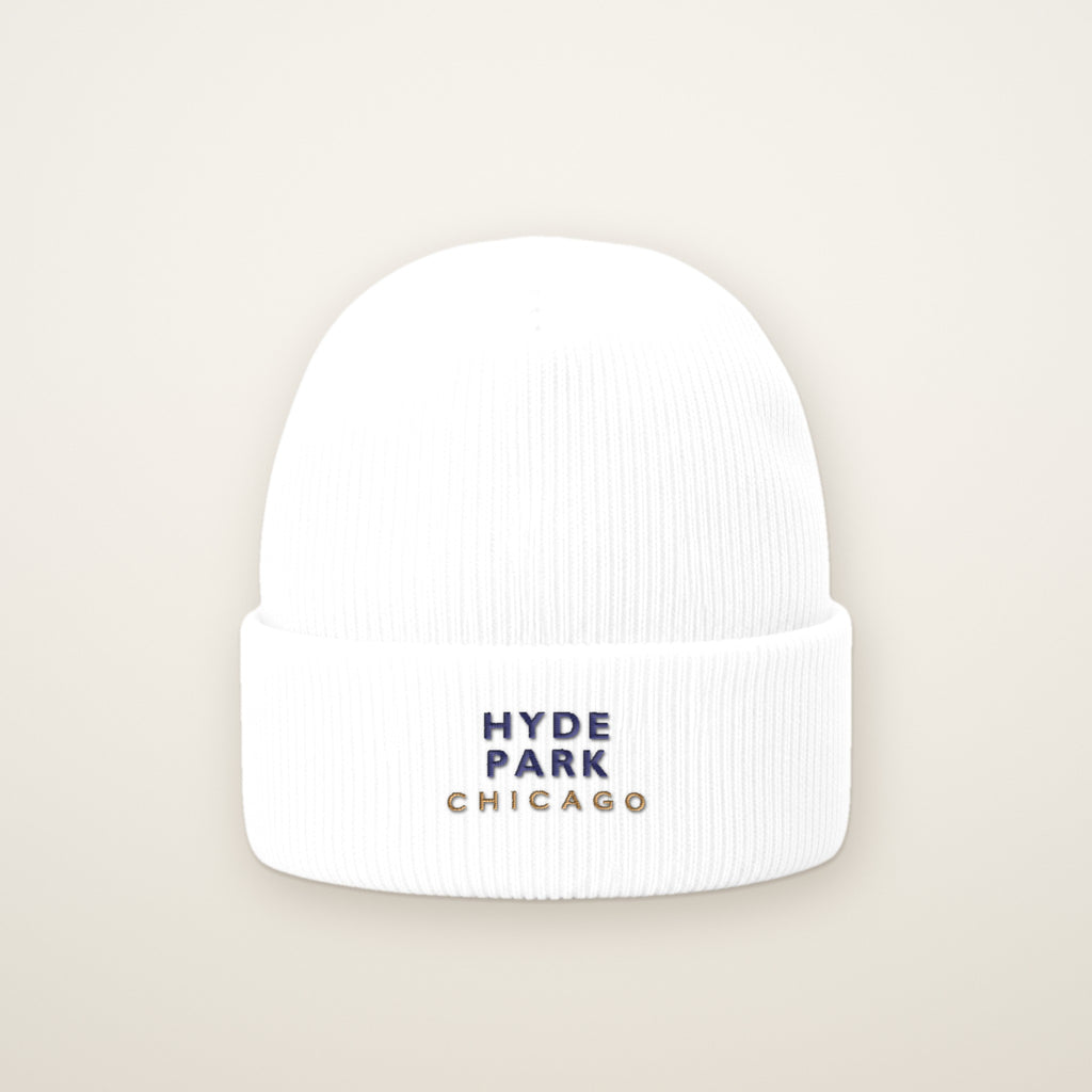 Hyde Park Chicago Embroidered Cuffed Beanie, Navy Thread, White