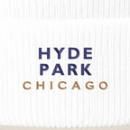 Hyde Park Chicago embroidery close-up in navy and old gold thread