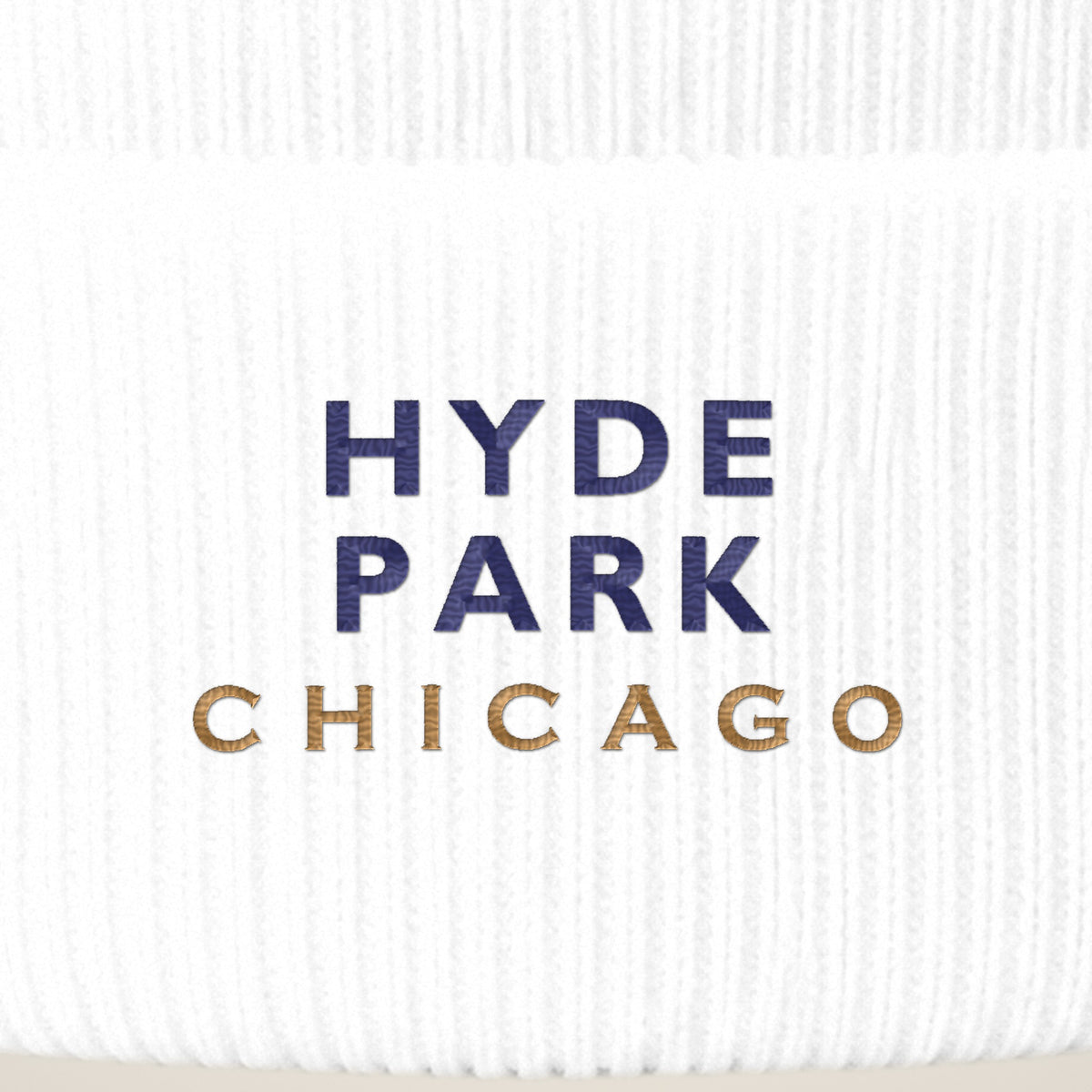 Hyde Park Chicago embroidery close-up in navy and old gold thread