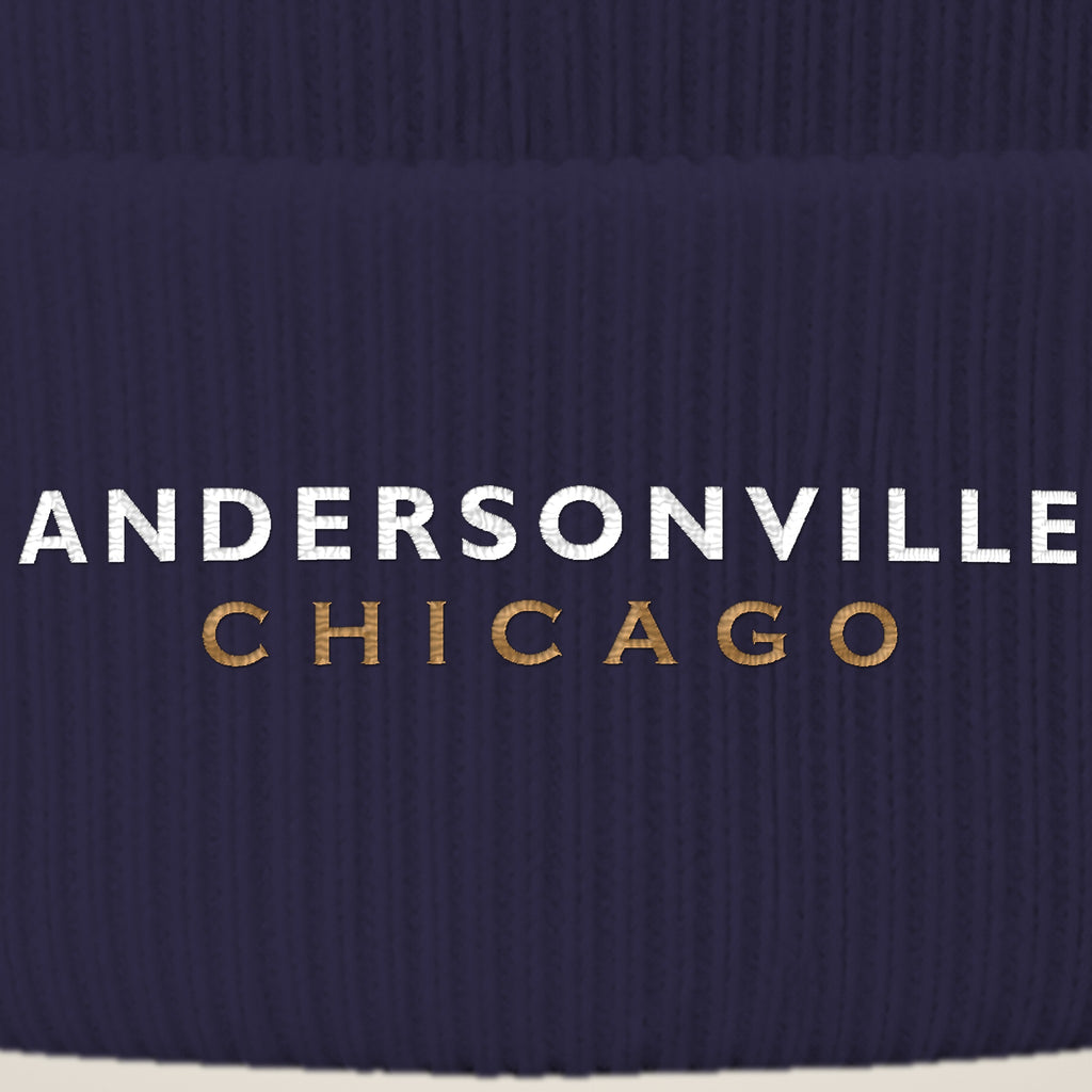Andersonville Chicago embroidery close-up in white and old gold thread