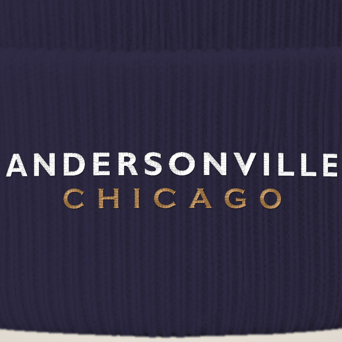 Andersonville Chicago embroidery close-up in white and old gold thread