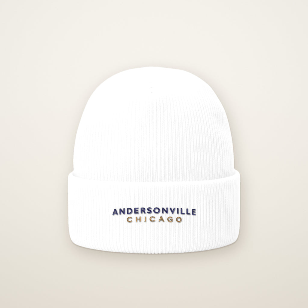 Andersonville Chicago Embroidered Cuffed Beanie, White, front view