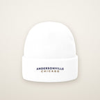 Andersonville Chicago Embroidered Cuffed Beanie, White, front view