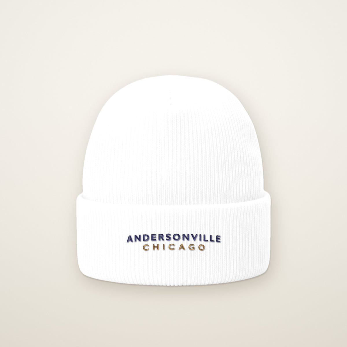 Andersonville Chicago Embroidered Cuffed Beanie, White, front view