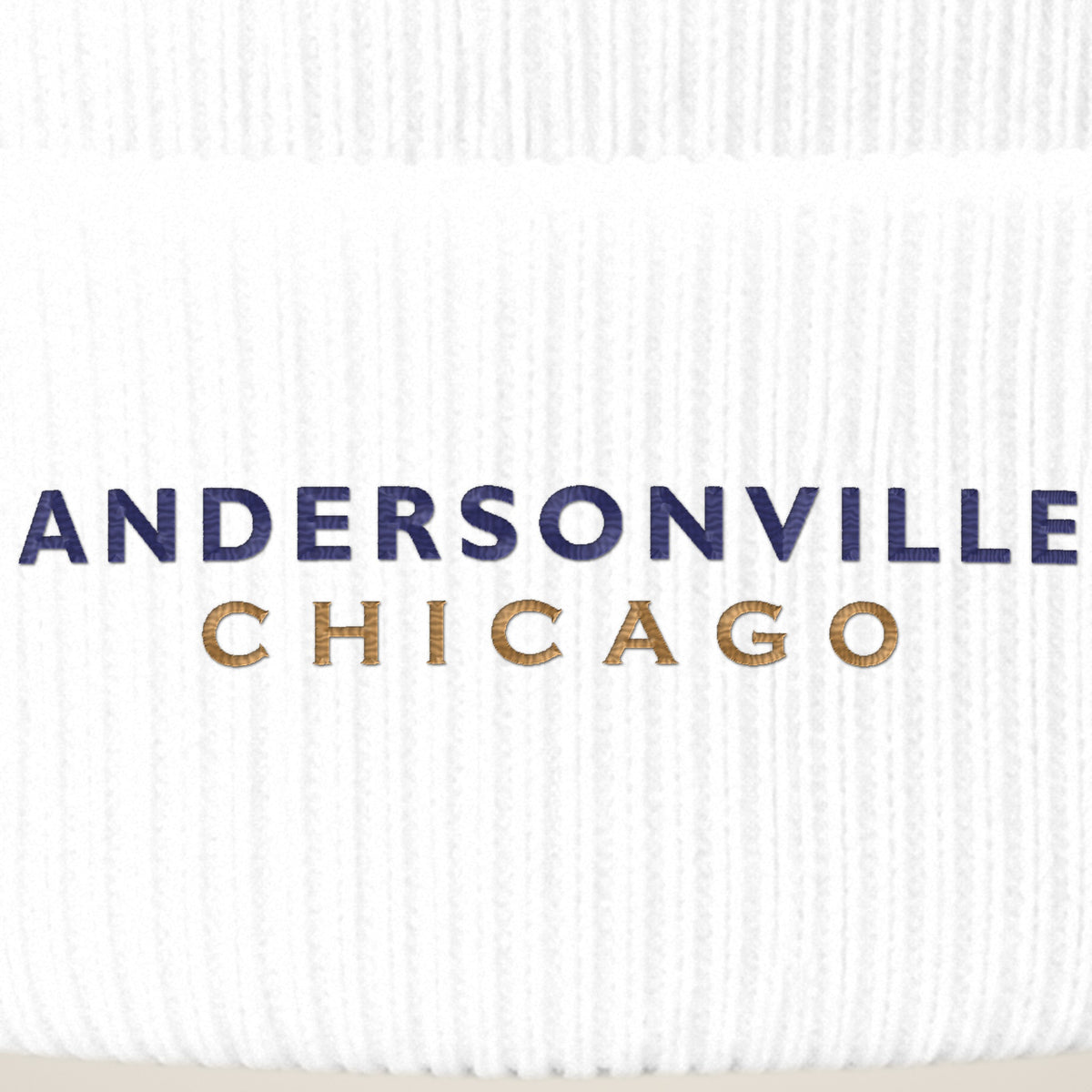 Andersonville Chicago embroidery close-up in navy and old gold thread