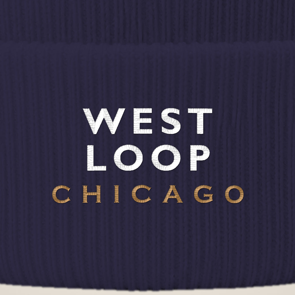 West Loop Chicago embroidery close-up in white and old gold thread