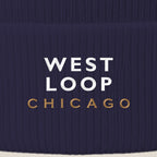 West Loop Chicago embroidery close-up in white and old gold thread