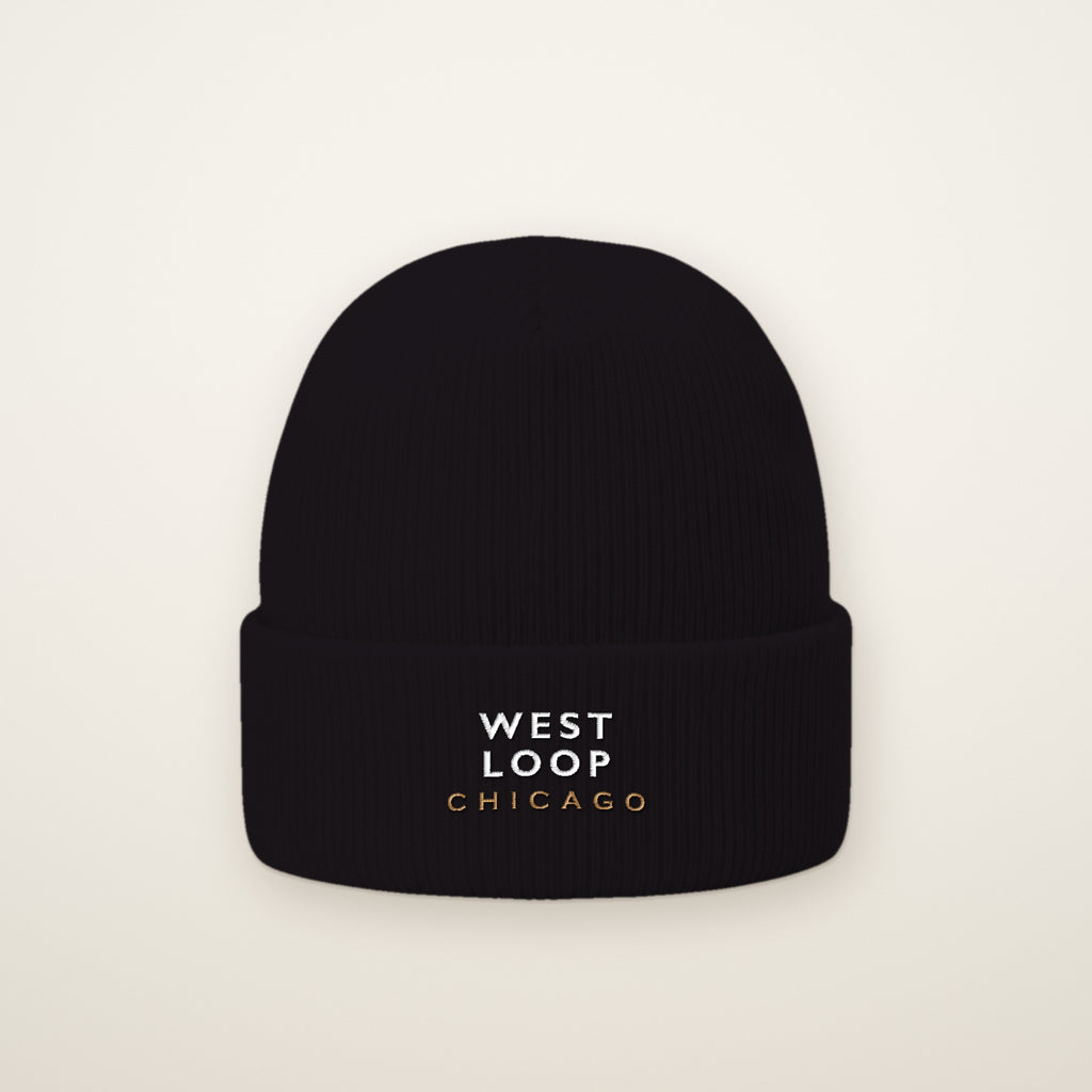 West Loop Chicago Embroidered Cuffed Beanie in Black