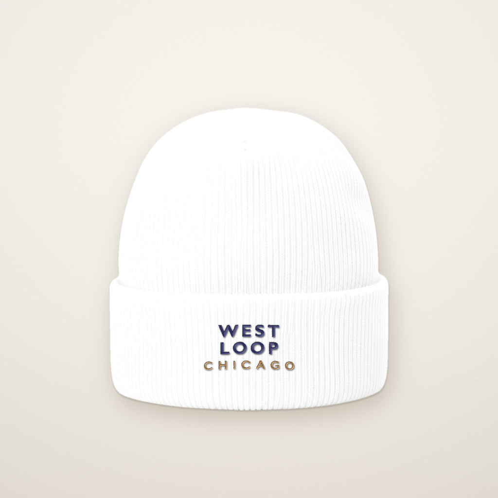 West Loop Chicago Embroidered Cuffed Beanie, White, front view