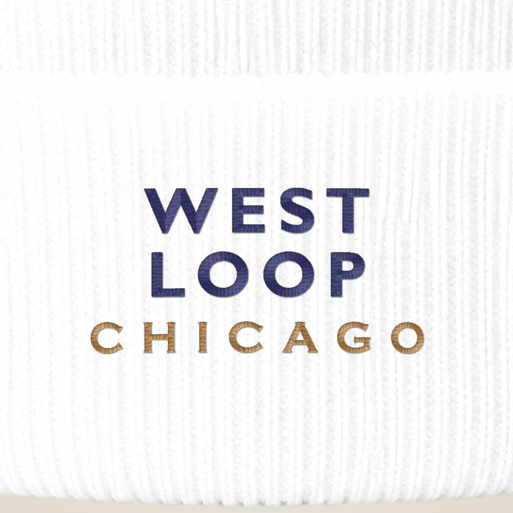 West Loop Chicago embroidery close-up in navy and old gold thread