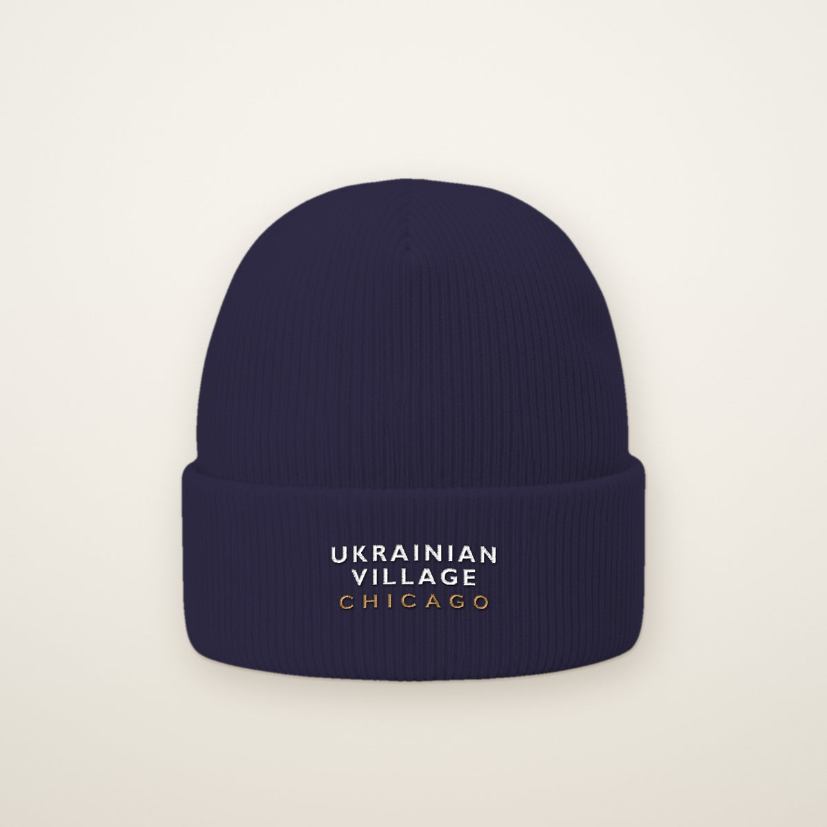 Ukrainian Village Chicago Embroidered Cuffed Beanie in Navy
