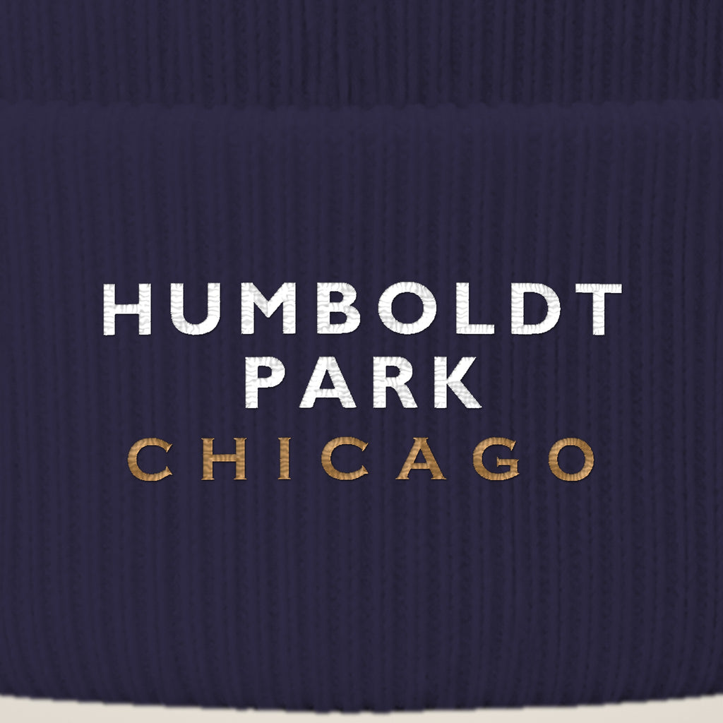 Humboldt Park Chicago embroidery close-up in white and old gold thread