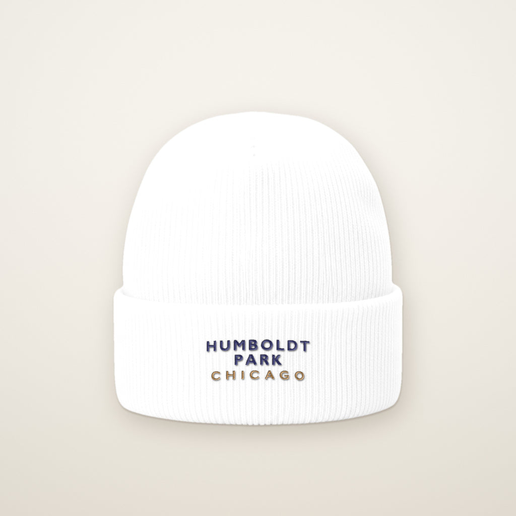 Humboldt Park Chicago Embroidered Cuffed Beanie, White, front view