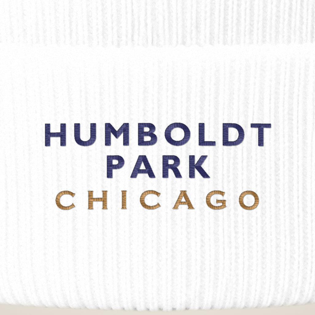 Humboldt Park Chicago embroidery close-up in navy and old gold thread