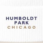 Humboldt Park Chicago embroidery close-up in navy and old gold thread