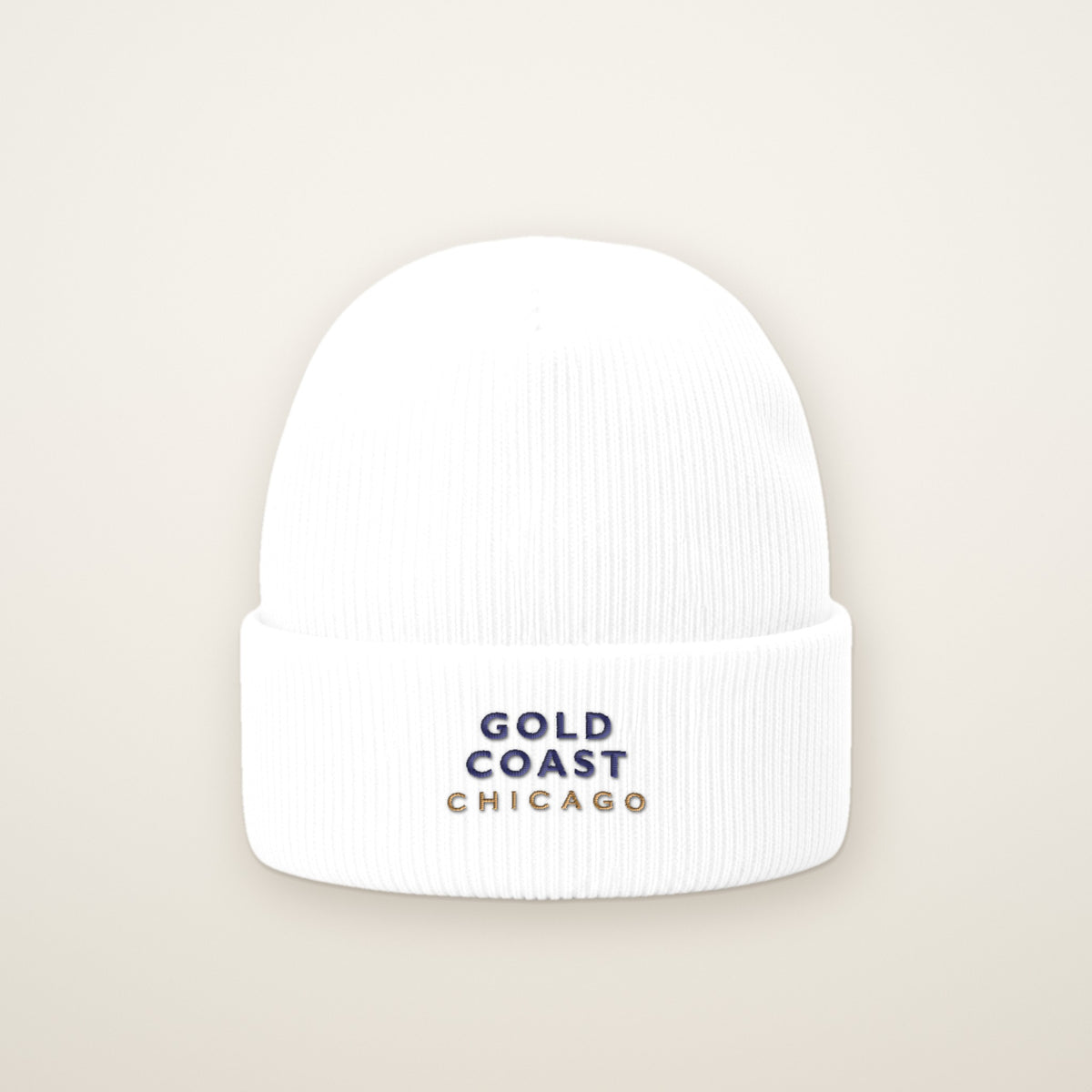 Gold Coast Chicago Embroidered Cuffed Beanie, White, front view