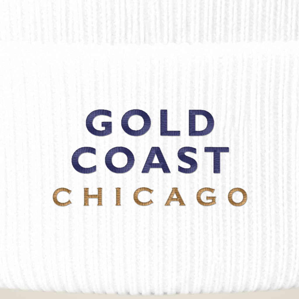 Gold Coast Chicago embroidery close-up in navy and old gold thread