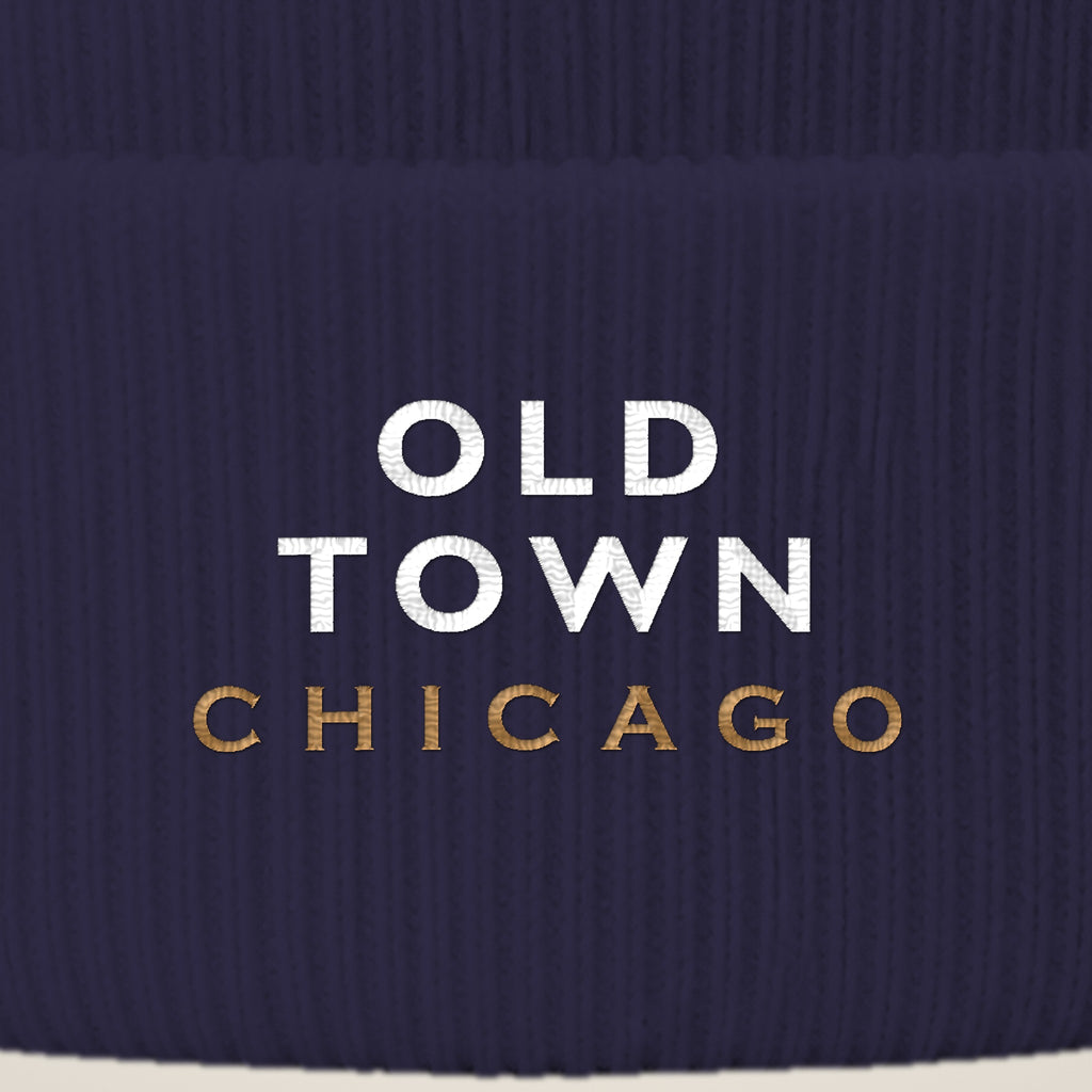 Old Town Chicago embroidery close-up in white and old gold thread