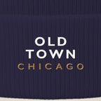Old Town Chicago embroidery close-up in white and old gold thread