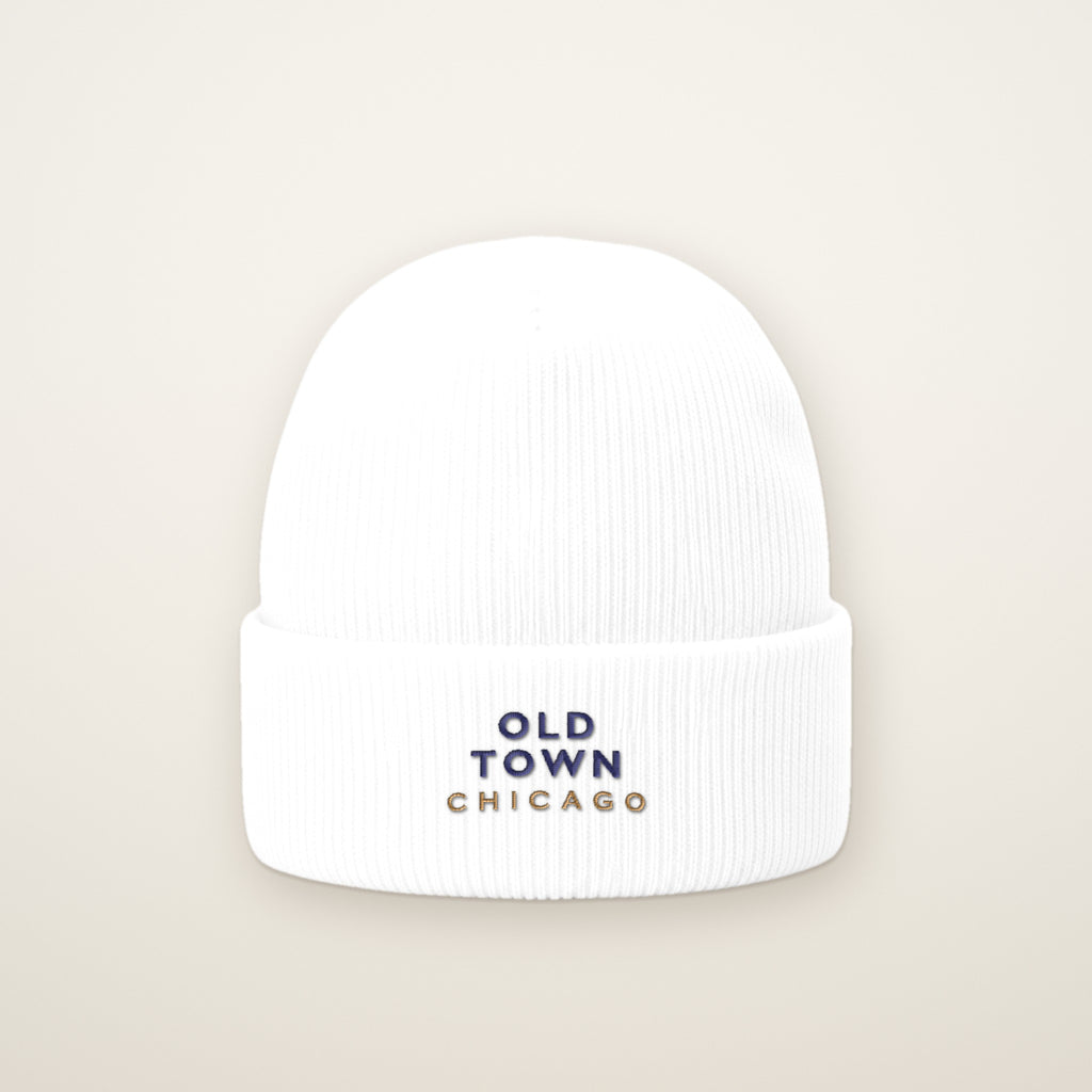 Old Town Chicago Embroidered Cuffed Beanie, White, front view