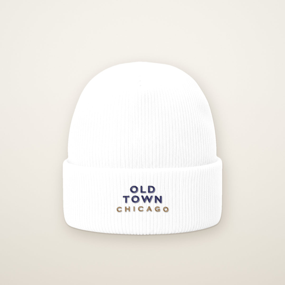 Old Town Chicago Embroidered Cuffed Beanie, White, front view