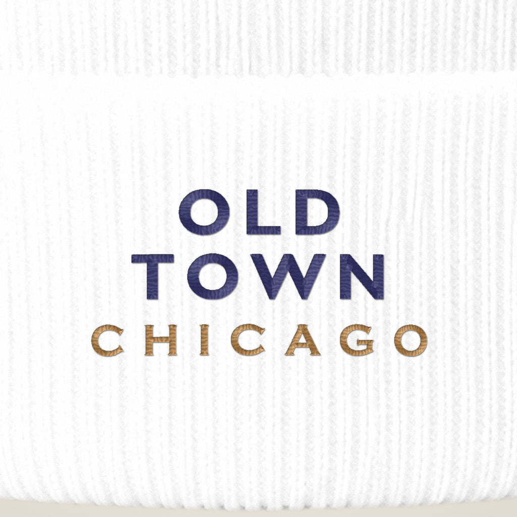 Old Town Chicago embroidery close-up in navy and old gold thread