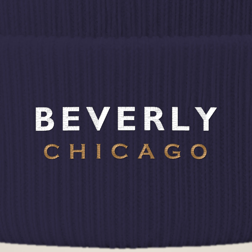 Beverly Chicago embroidery close-up in white and old gold thread
