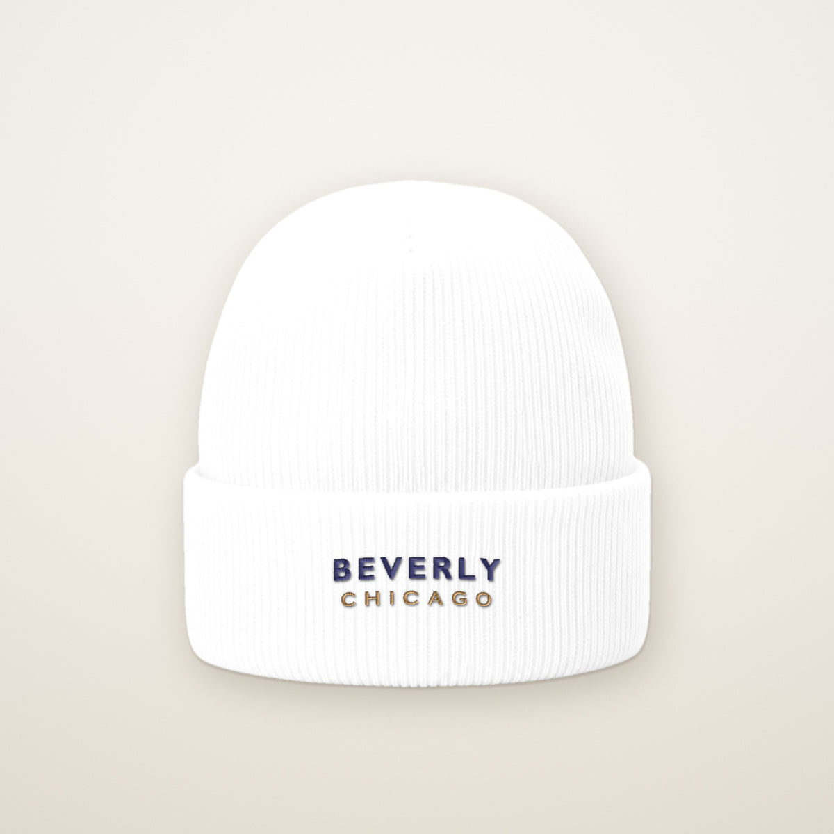 Beverly Chicago Embroidered Cuffed Beanie, White, front view