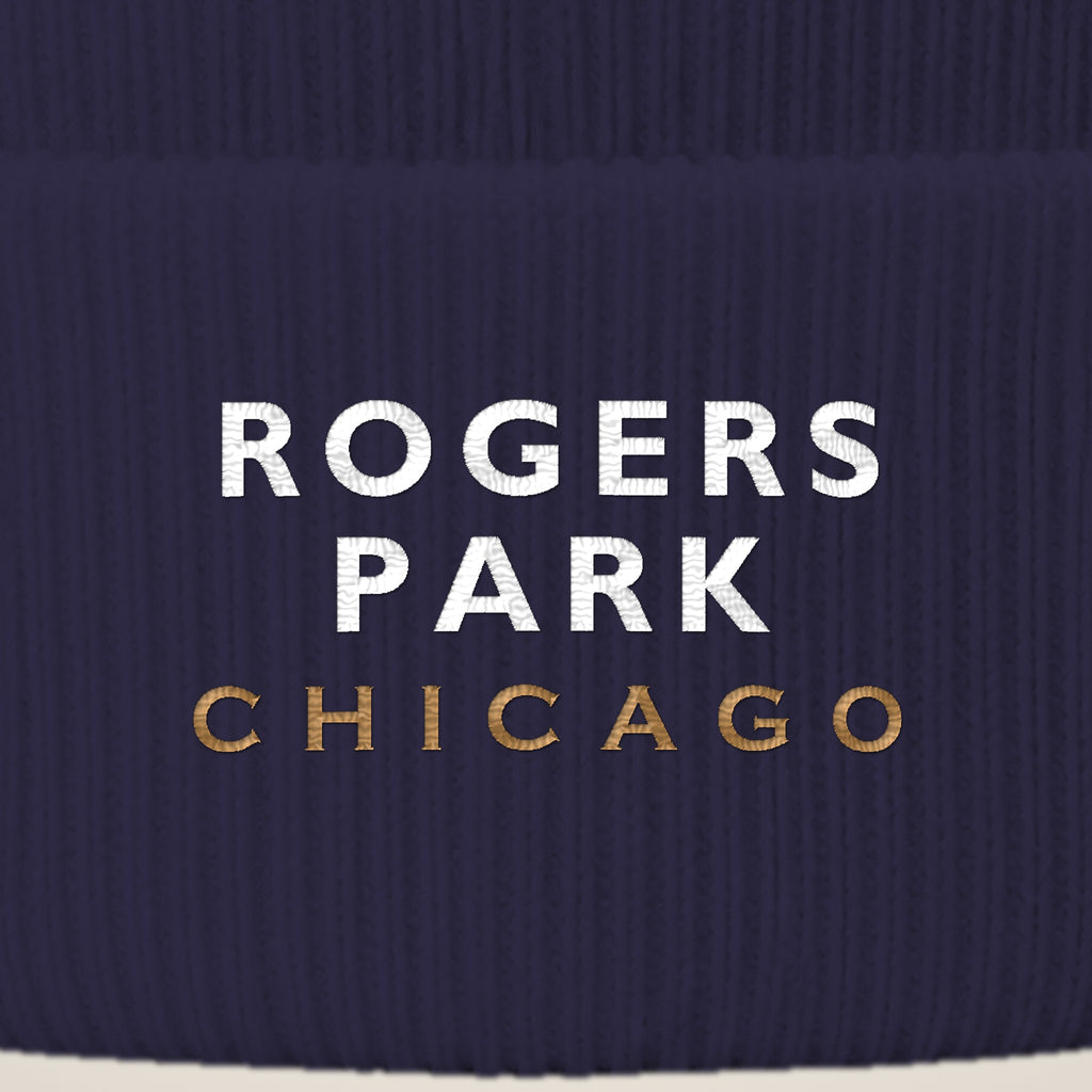 Rogers Park Chicago embroidery close-up in white and old gold thread
