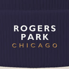 Rogers Park Chicago embroidery close-up in white and old gold thread