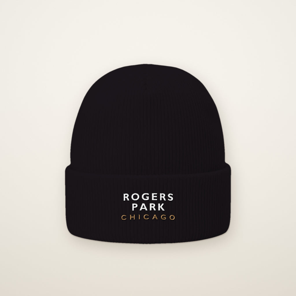 Rogers Park Chicago Embroidered Cuffed Beanie in Black