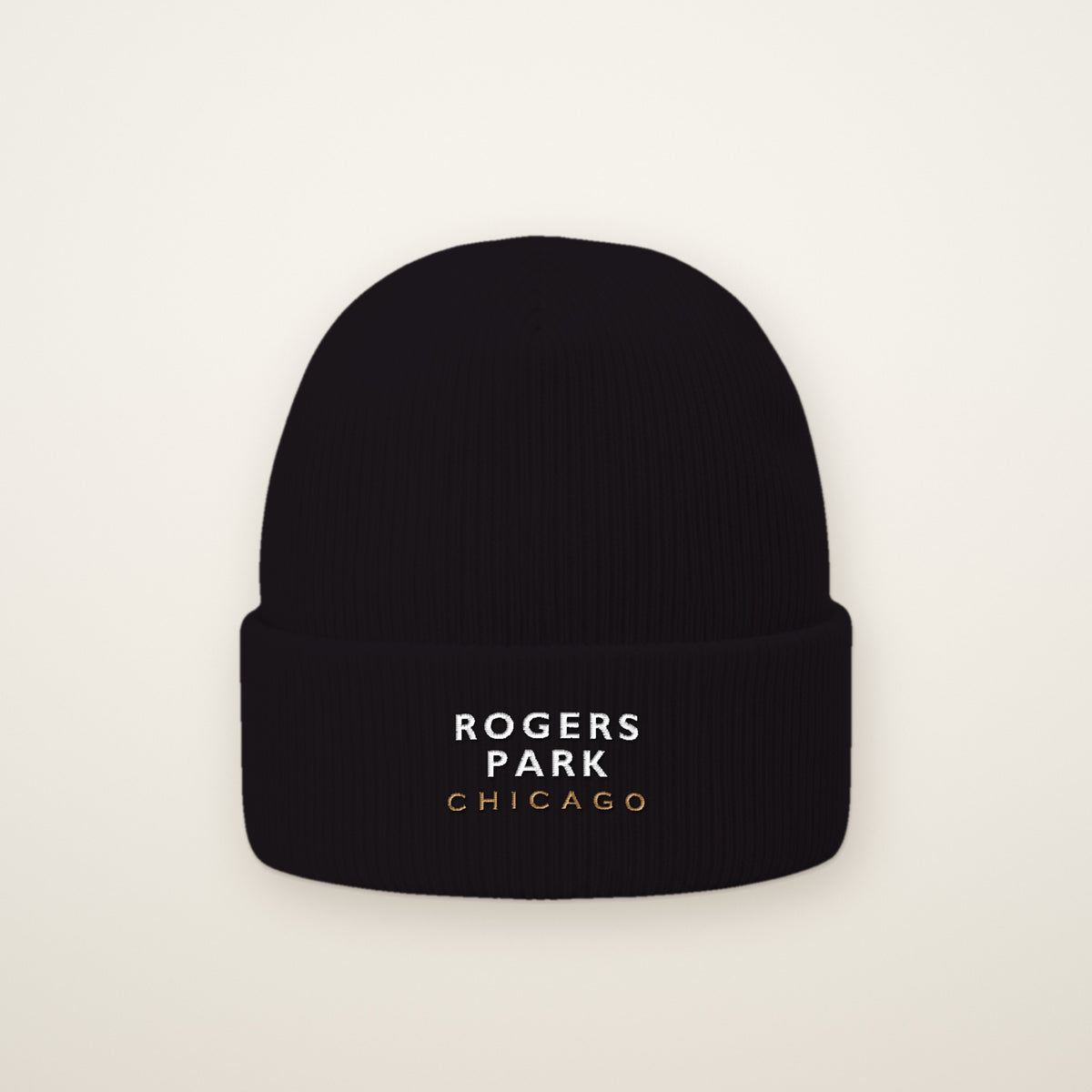 Rogers Park Chicago Embroidered Cuffed Beanie in Black