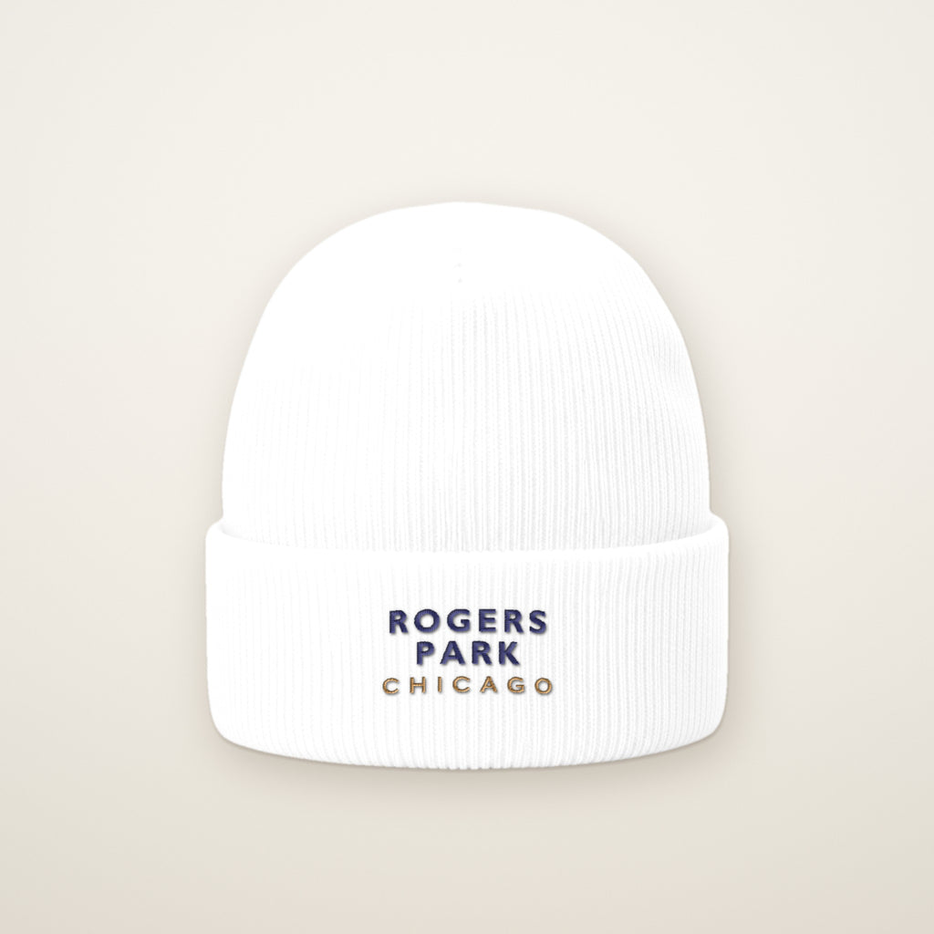 Rogers Park Chicago Embroidered Cuffed Beanie, White, front view