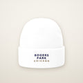 Rogers Park Chicago Embroidered Cuffed Beanie, White, front view