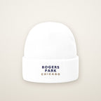 Rogers Park Chicago Embroidered Cuffed Beanie, White, front view