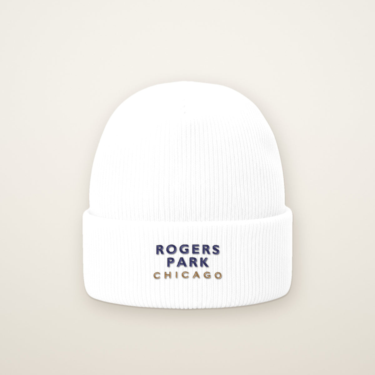 Rogers Park Chicago Embroidered Cuffed Beanie, White, front view