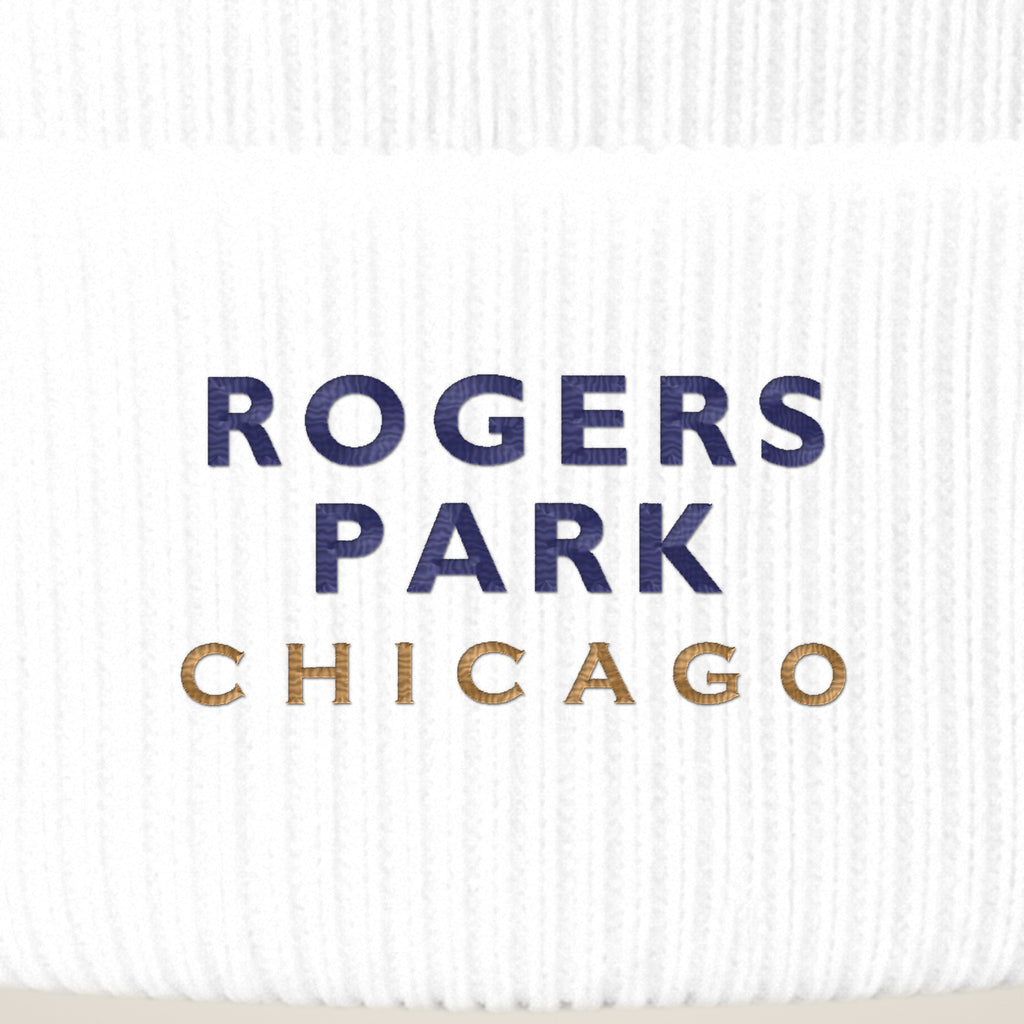 Rogers Park Chicago embroidery close-up in navy and old gold thread