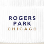 Rogers Park Chicago embroidery close-up in navy and old gold thread
