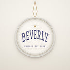 Back of the ornament: Merry Christmas from Chicago in gold on navy