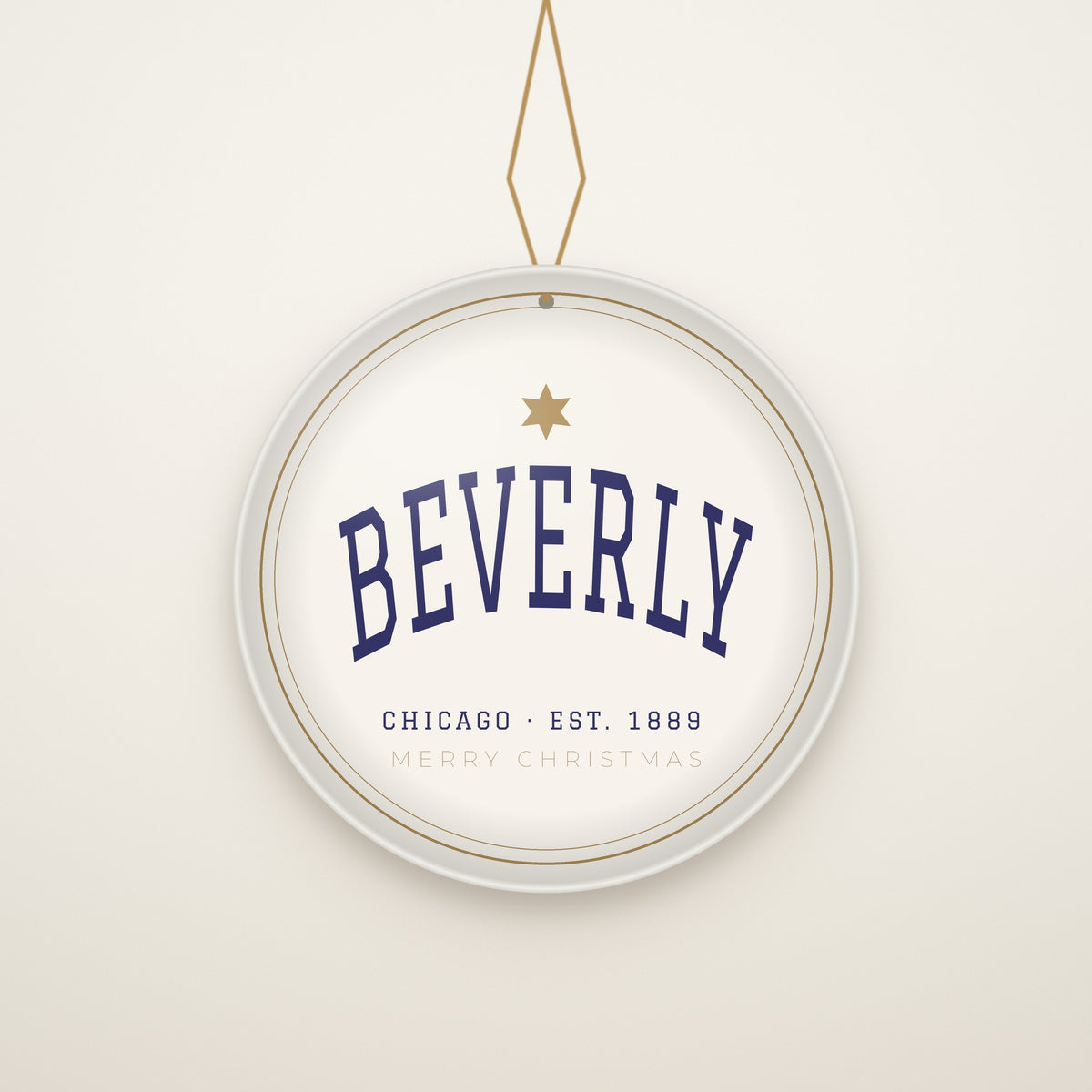 Back of the ornament: Merry Christmas from Chicago in gold on navy