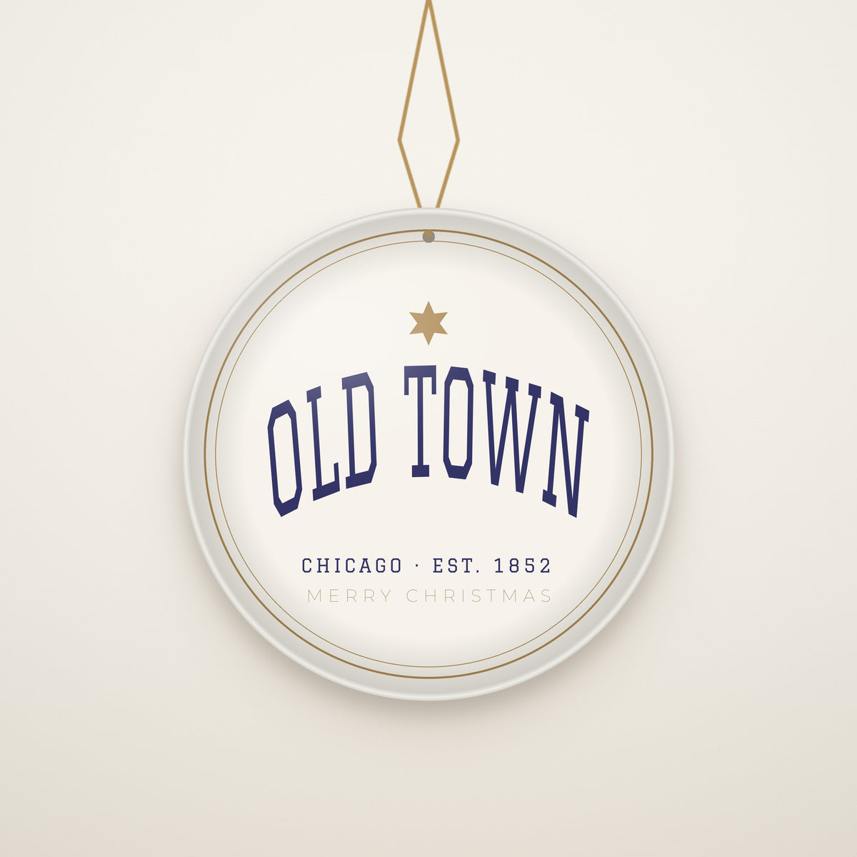 Back of the ornament: Merry Christmas from Chicago in gold on navy