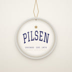 Back of the ornament: Merry Christmas from Chicago in gold on navy