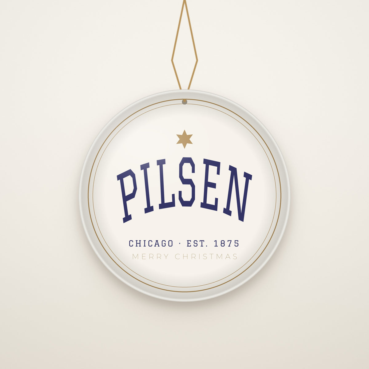 Back of the ornament: Merry Christmas from Chicago in gold on navy