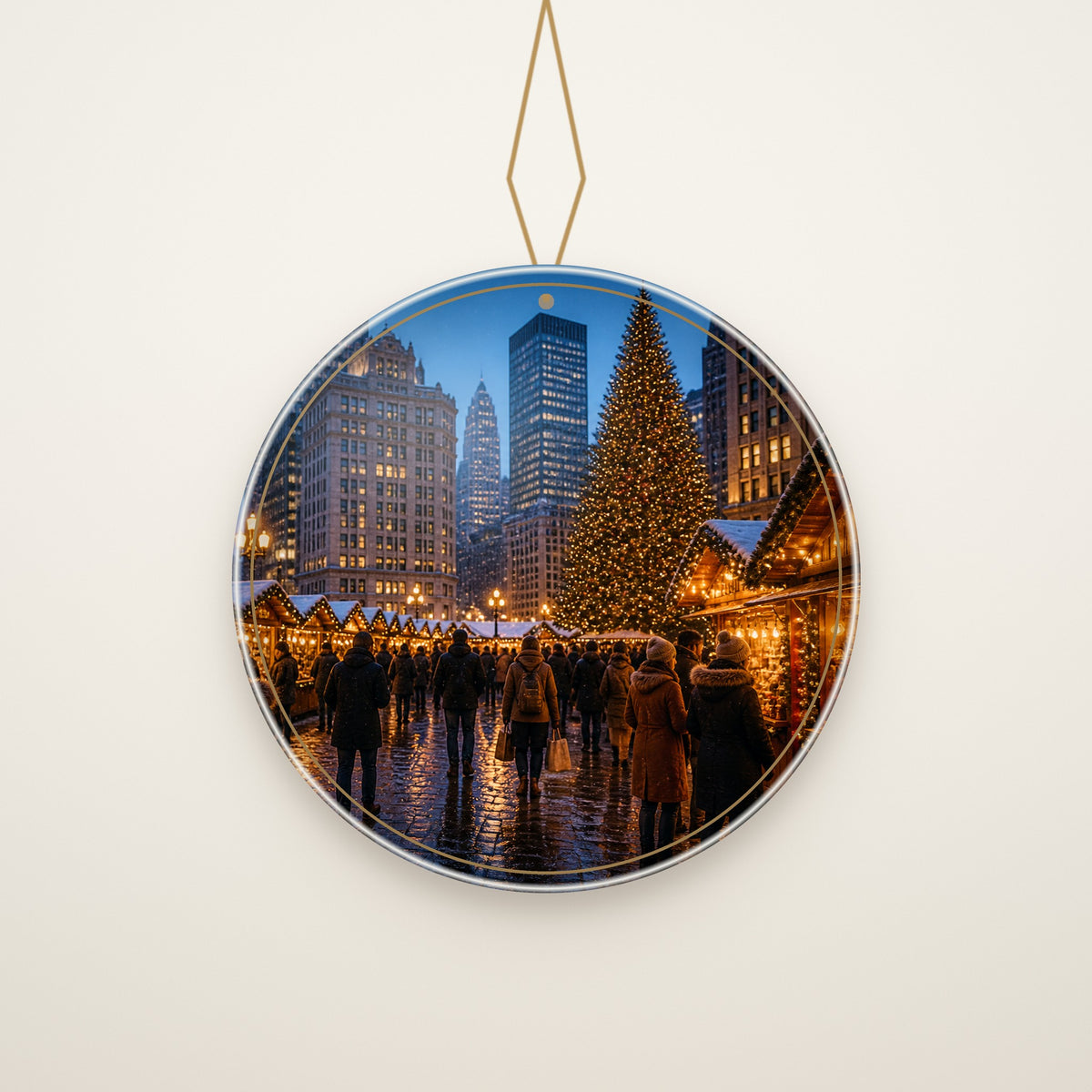 Back of the ornament: Merry Christmas from Chicago in gold on navy