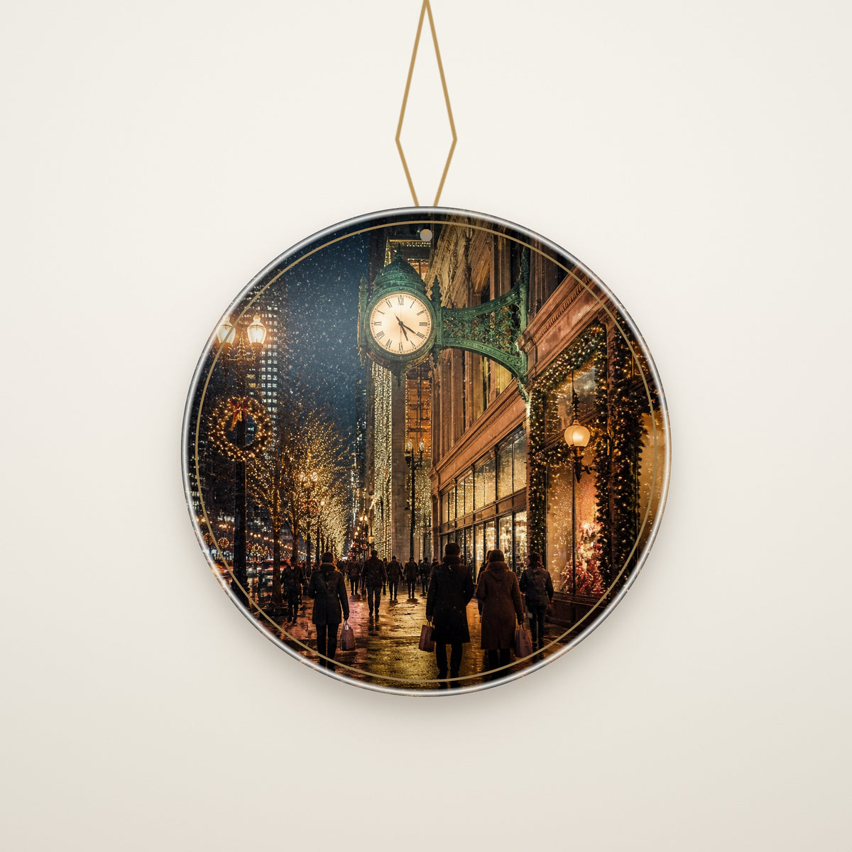 Back of the ornament: Merry Christmas from Chicago in gold on navy