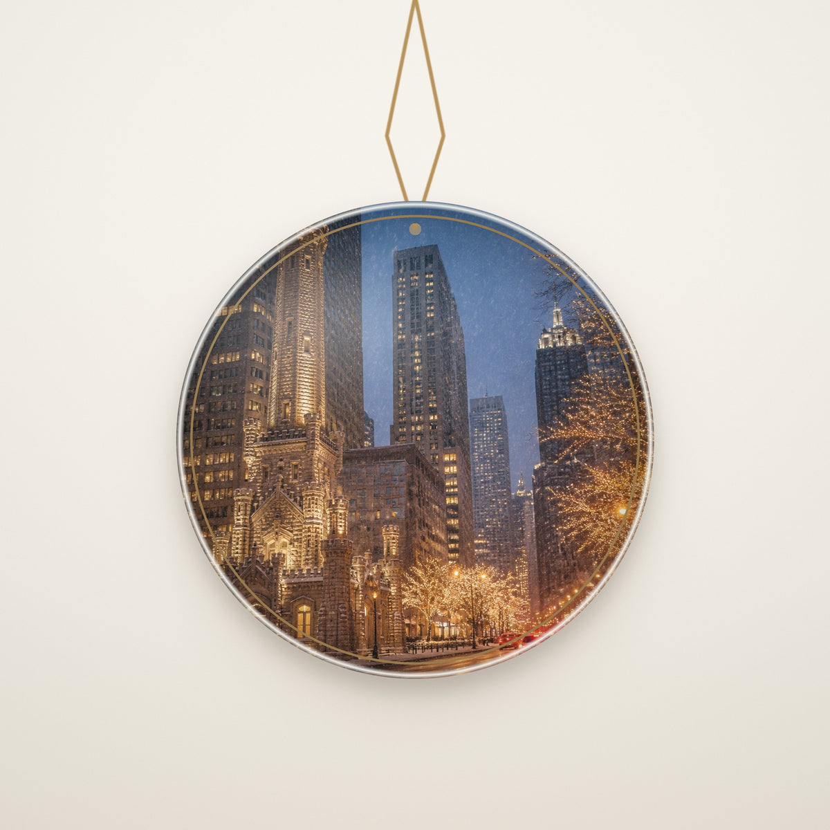 Back of the ornament: Merry Christmas from Chicago in gold on navy
