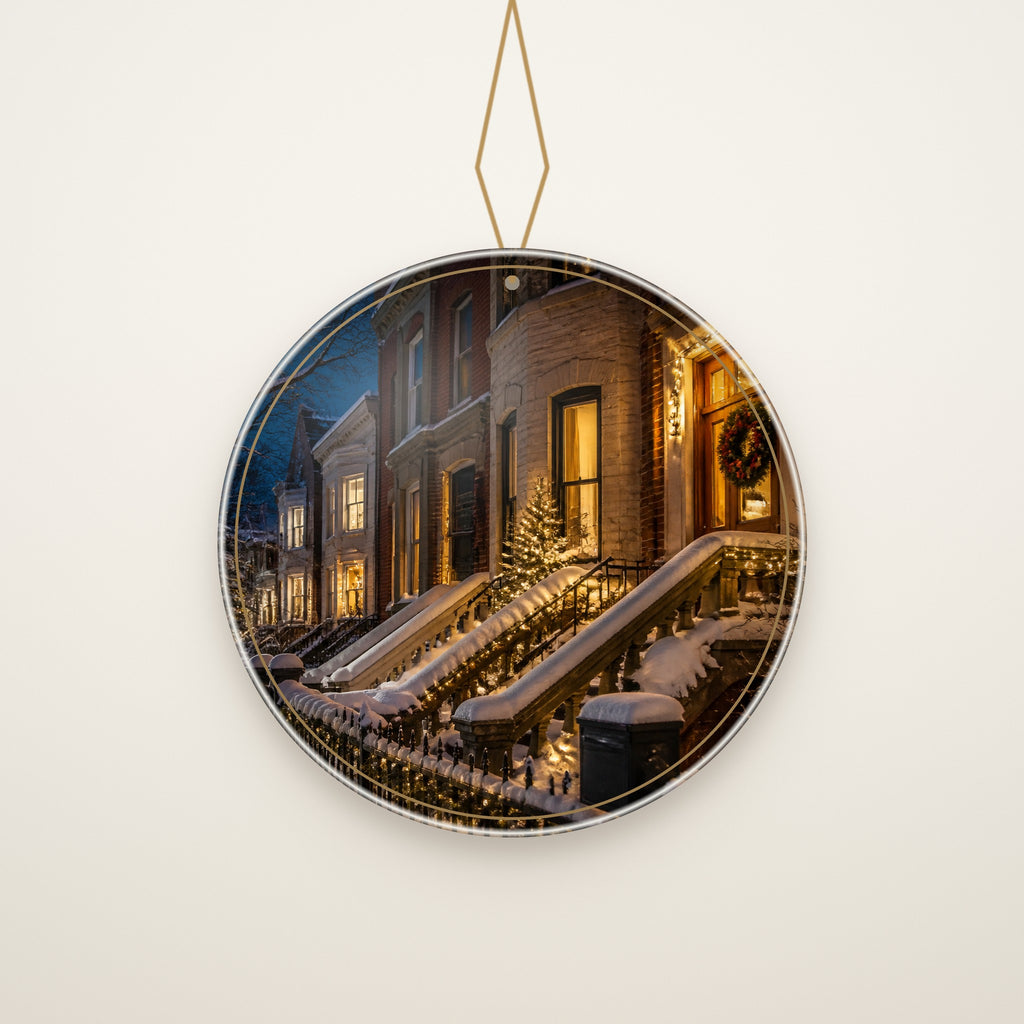 Christmas Eve on a Chicago Block Christmas Ornament hanging on a gold cord, ivory backdrop